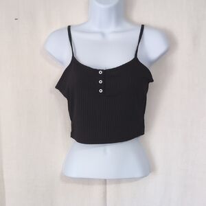 Romwe Black Ribbed Spaghetti Strap Cropped Cami Size Medium